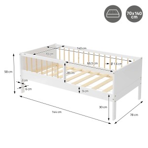 ML-Design Kinderbett 70x140 cm, weiß-natur, mit Lattenrost und Maßangaben.