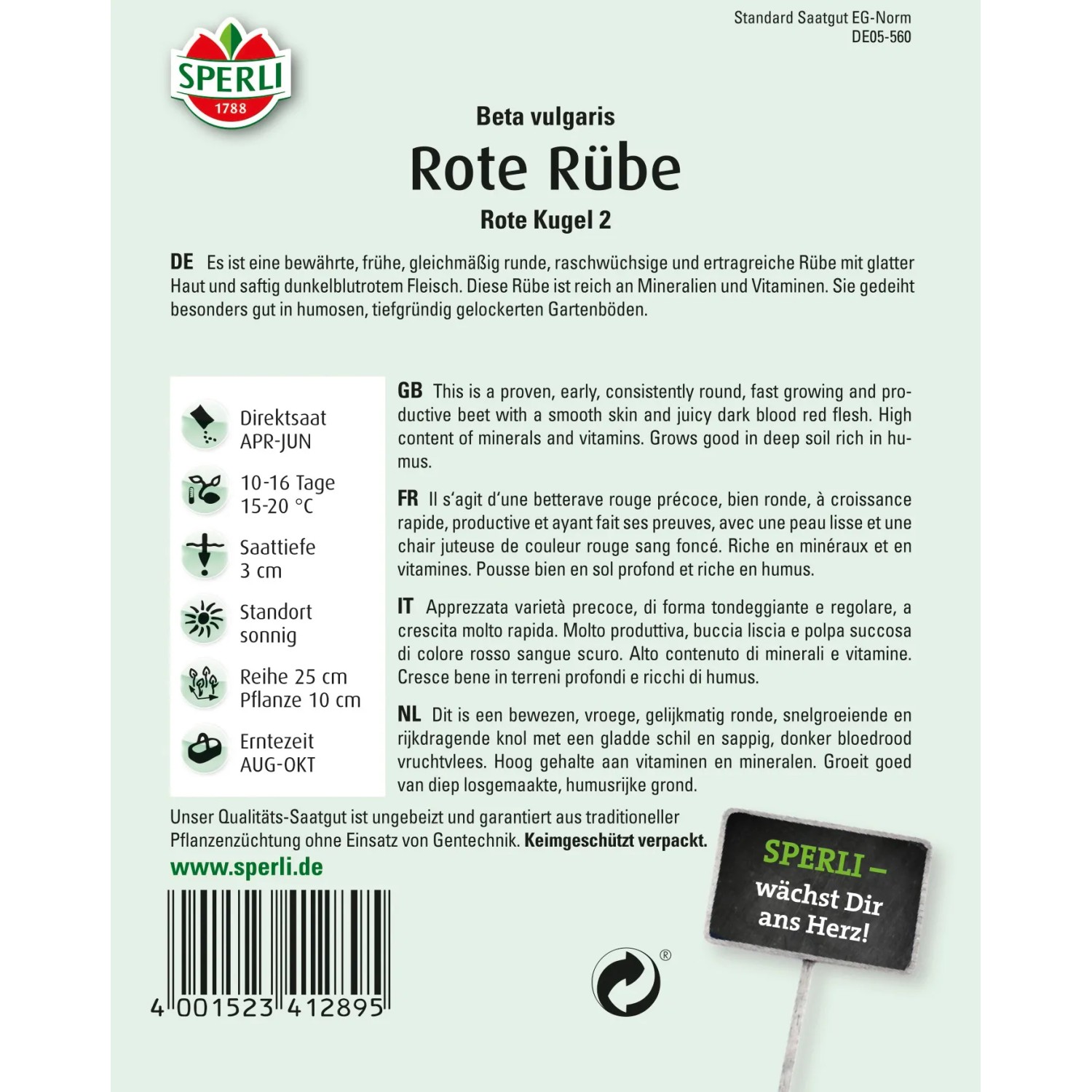 Sperli Rote Rüben "Rote Kugel 2" Samenpackung, ertragreiches Saatgut für vitaminreiche, rote Rüben.