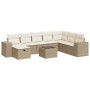 Beige 9-teilige Garten-Sofagarnitur aus Polyrattan mit Kissen und Tisch.
