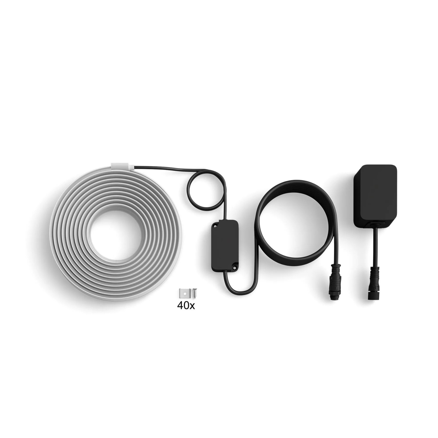 Philips Hue Outdoor Lightstrip Flux 10m mit Zubehör auf weißem Grund.