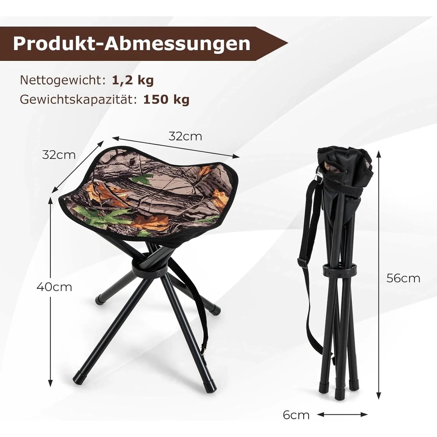 Klapphocker mit Tarnmuster, aufgeklappt (32x32x40cm) und zusammengeklappt (6x56cm) mit Schultergurt. Ideal für Camping.