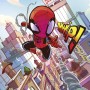 Buntes Komar Wandbild: Marvel Spider-Man "THWIP" (50x70 cm) vor Stadtkulisse.