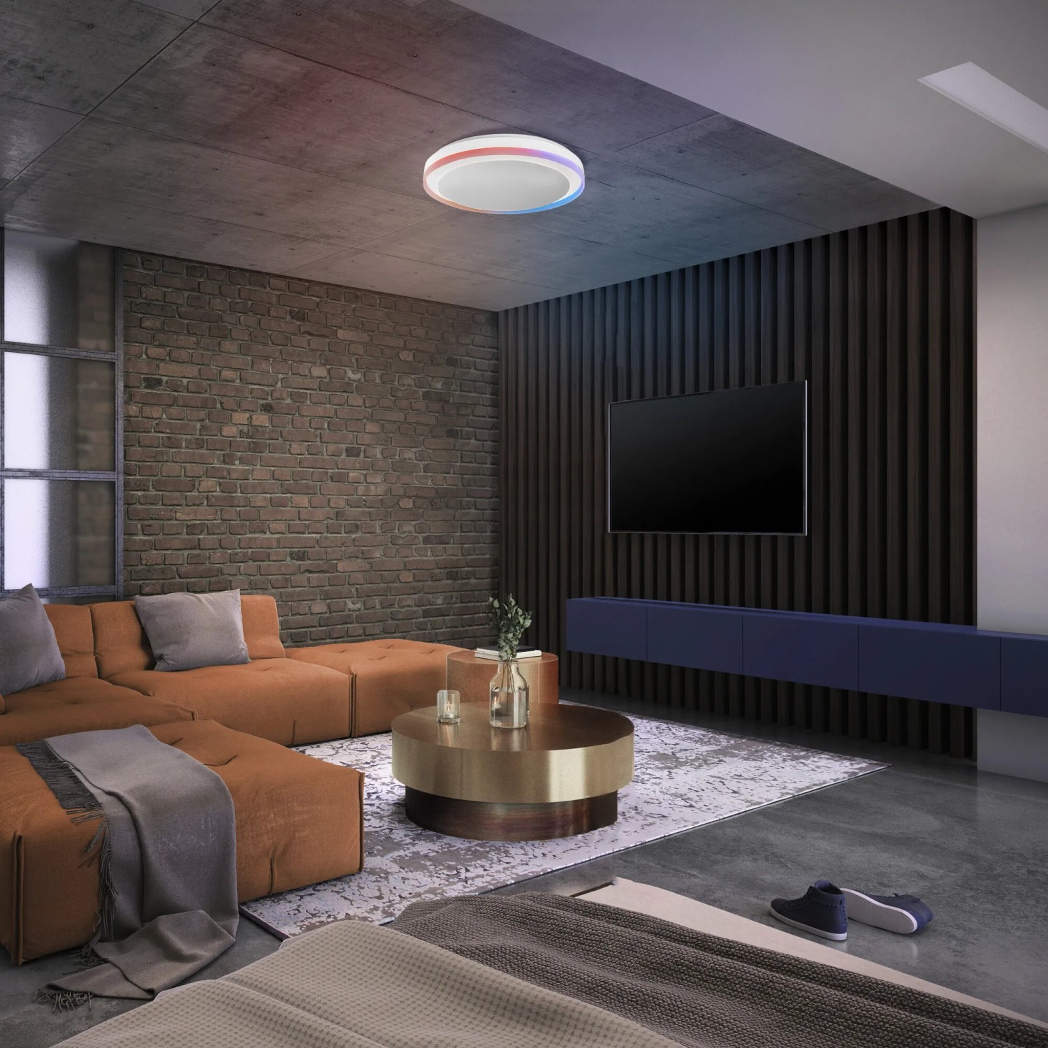 LEDVANCE LED Deckenleuchte Orbis Smart WiFi, weiße runde Deckenlampe mit farbigem Licht in modernem Wohnzimmer.