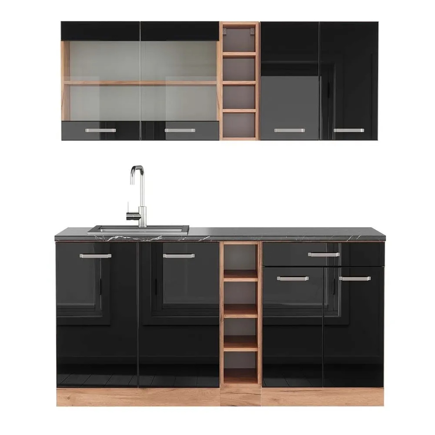 Vicco R-Line Singleküche Schwarz Hochglanz Goldkraft Eiche 160 cm AP Anthrazit ohne E-Geräte