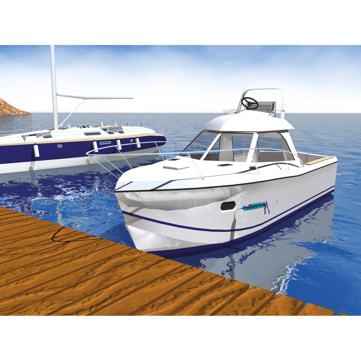 Bild von zwei Booten, eines davon mit einer Kartusche MEM Water Stop Bauabdichtung am Bug.