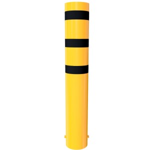 Gelb-schwarzer Stahlrohrpoller zum Einbetonieren, Ø 323 mm, 2000 mm hoch. Baugerät zur Absperrung.