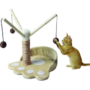 Beiger Heim Katzen-Kratzbaum Victoria mit Sisal-Säule, Pfoten-Bodenplatte und Katze beim Spielen.