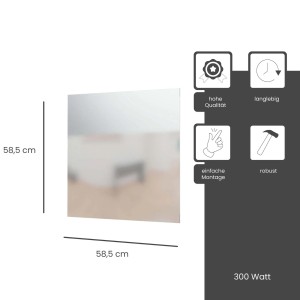 Fenix Infrarotheizung ECOSUN Glasheizung, 300W, Spiegel, quadratisch, mit Maßangaben.