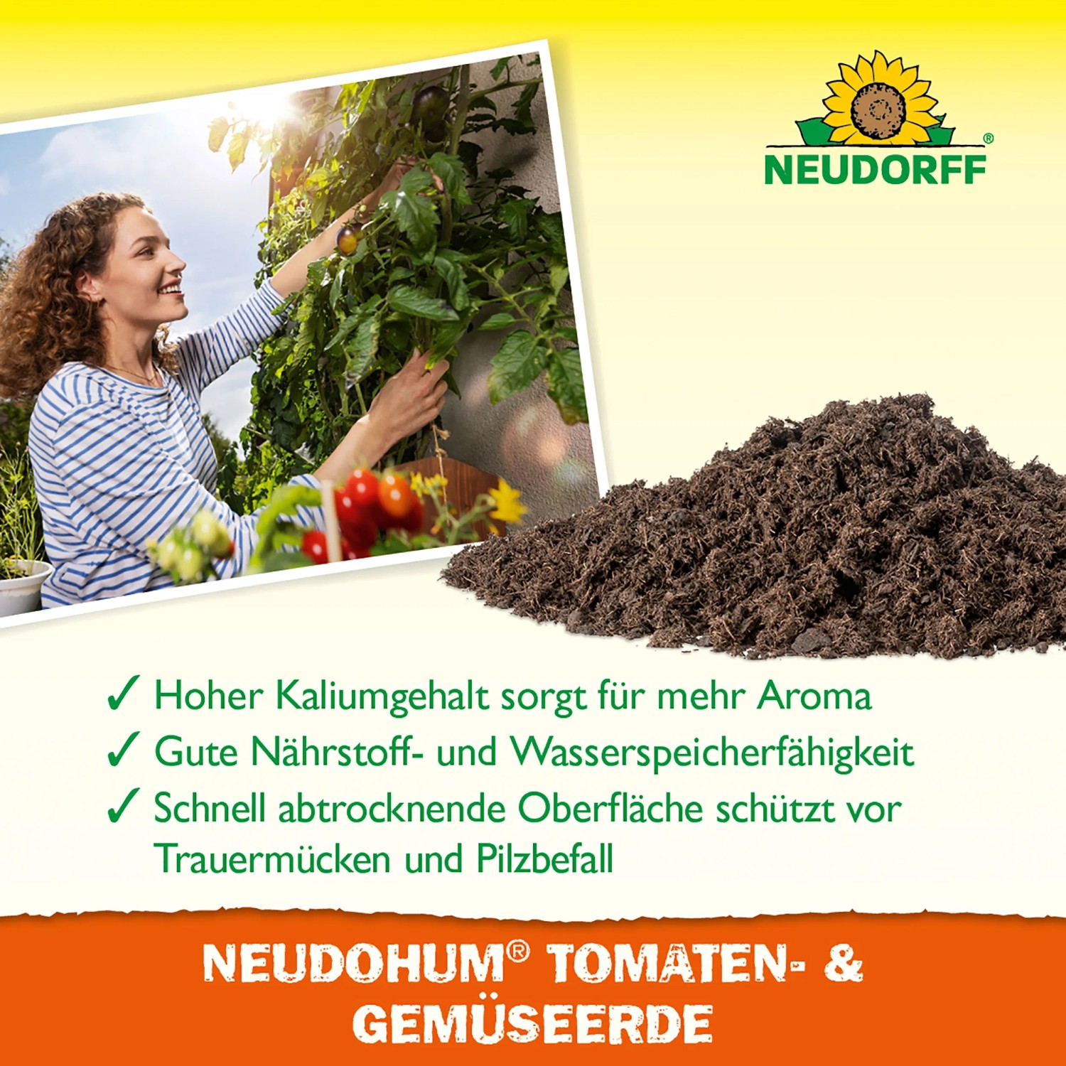 Neudorff Neudohum Tomaten- und Gemüseerde (40 l) mit Tomatenpflanze und Erdhaufen.