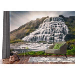 Sanders & Sanders Fototapete: Wasserfall in Grün, Braun und Grau, 3,6x2,7m. Natur pur für Ihr Zuhause.