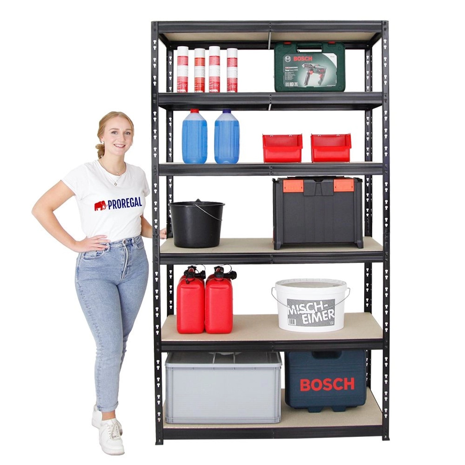 PROREGAL Schwerlastregal Giant Tiger XL, 220x120x60 cm, 6 Ebenen, schwarz, mit diversen Gegenständen befüllt.