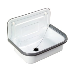 Weißes Stahl-Ausgussbecken mit Rückwand und Ablaufventil für den OBI Online-Shop.