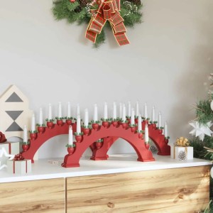 Drei rote Weihnachtskerzenbögen aus Massivholz mit warmweißen LED-Kerzen als festliche Dekoration auf einem Sideboard.