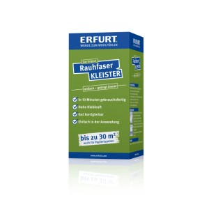 Erfurt Rauhfaser-Kleister 200g in grün-blauer Packung. Schnell gebrauchsfertig, hohe Klebkraft für Tapeten.