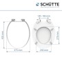 Schütte WC-Sitz Spirit White MDF mit Absenkautomatik, Maße dargestellt.