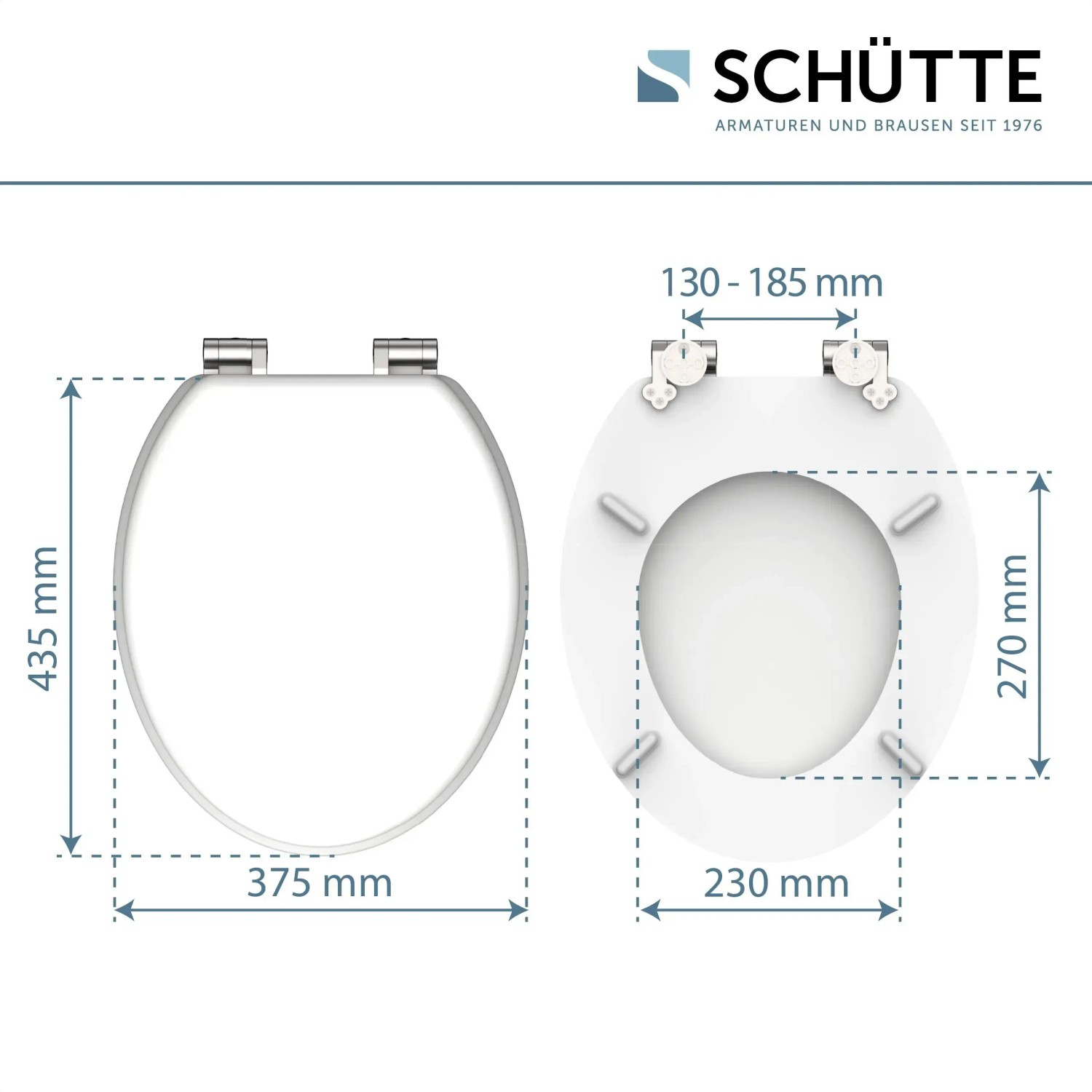 Schütte WC-Sitz Spirit White MDF mit Absenkautomatik, Maße dargestellt.