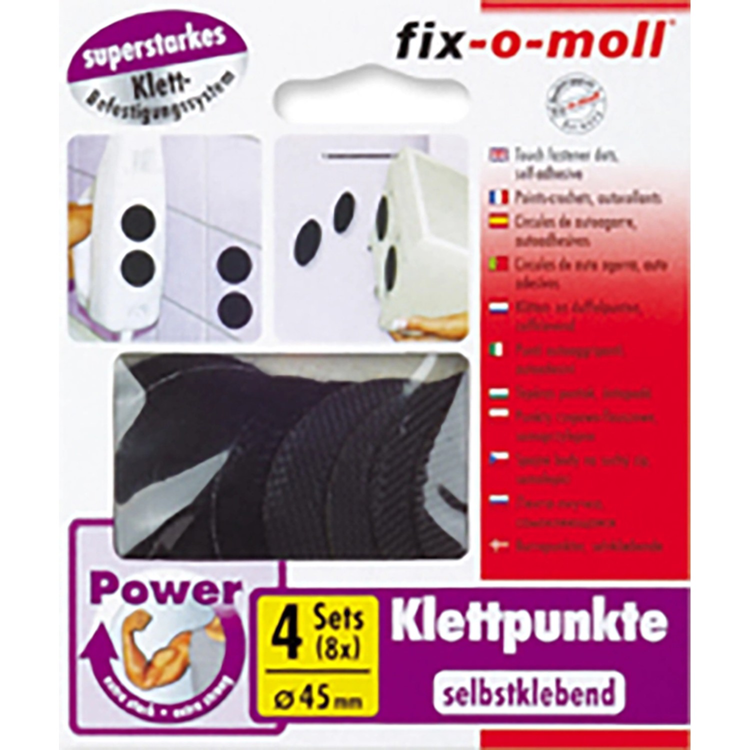 Fix-o-moll Power-Klettpunkte selbstklebend 4 Sets Schwarz 45 mm