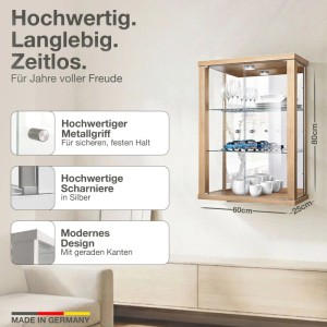 Hängende Glasvitrine in Buche mit LED, Spiegel und Glasböden. Ideal zur Wandmontage.