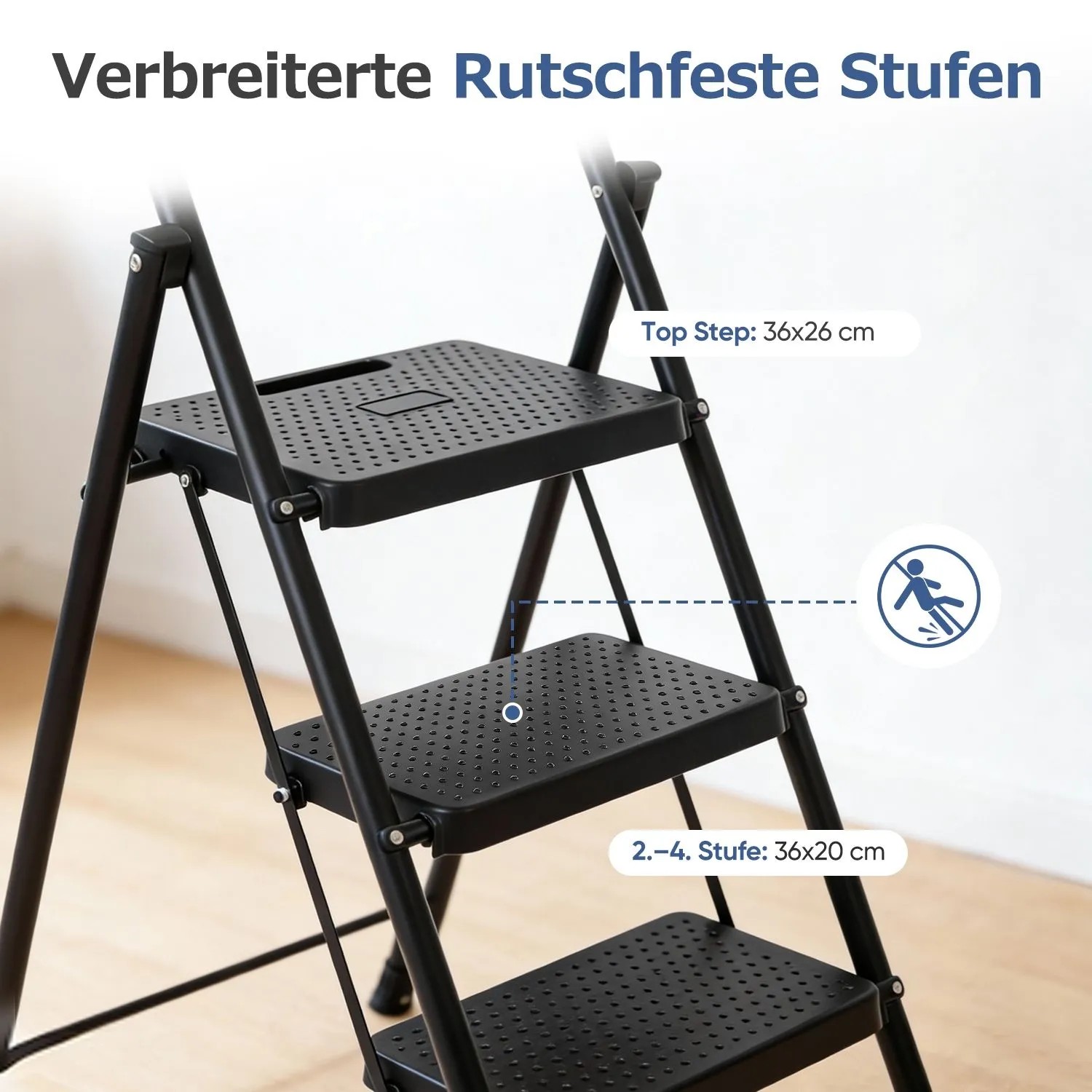 Sekey Klapptritt: breite, rutschfeste Stufen (36x26 cm oben, 36x20 cm unten) für sicheren Stand. Faltbare Haushaltsleiter.
