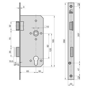 Technische Zeichnung Basi Einsteck-Haustürschloss ES 979, DIN Rechts, mit Maßen.