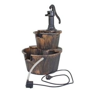 Bronzefarbener DELUKE Brunnen in Holzoptik, 68 cm hoch, mit Pumpe und Becken für Garten oder Teich.