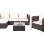 Braune Poly-Rattan Lounge-Garnitur Busto mit cremefarbenen Kissen und Tisch mit Glasplatte.