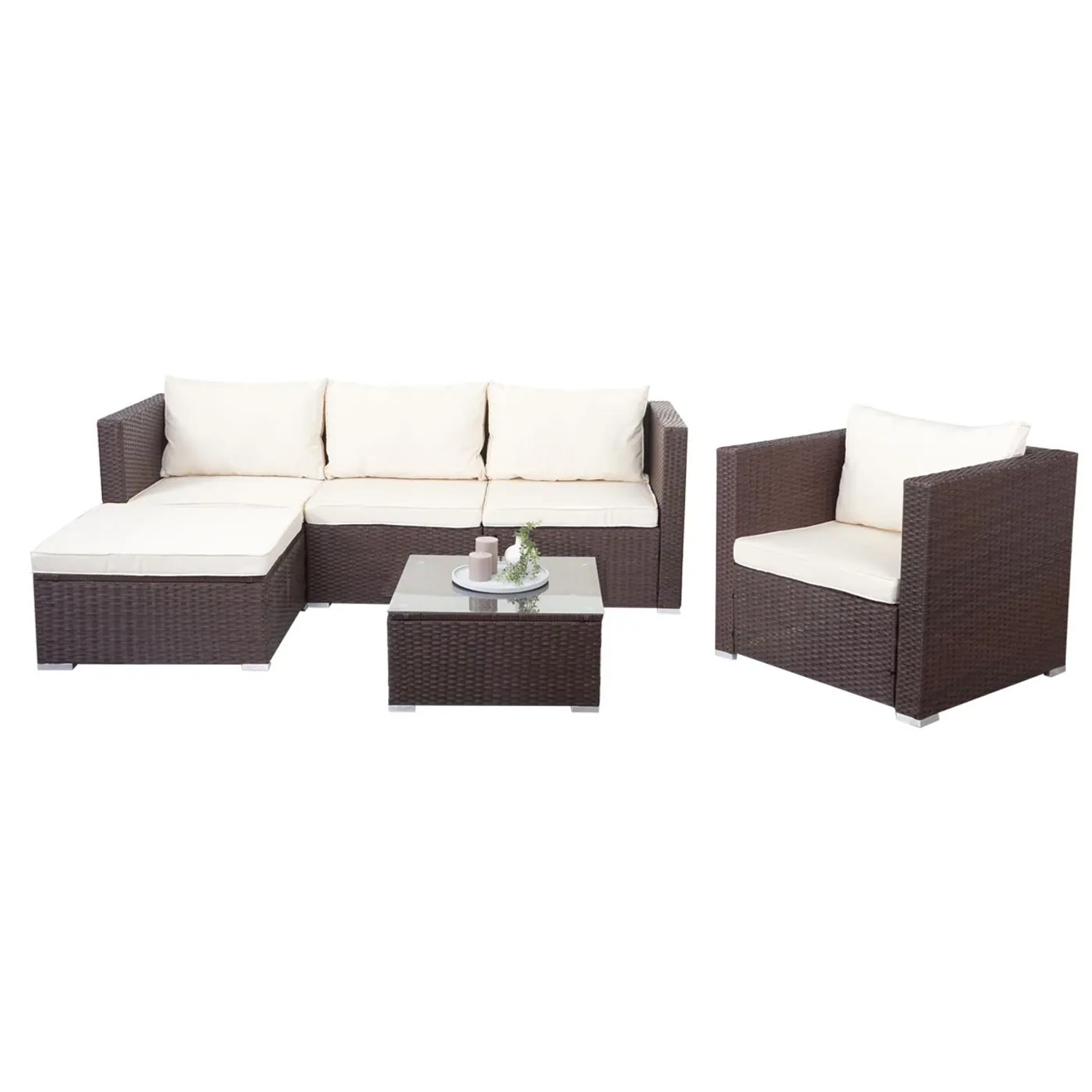 Braune Poly-Rattan Lounge-Garnitur Busto mit cremefarbenen Kissen und Tisch mit Glasplatte.