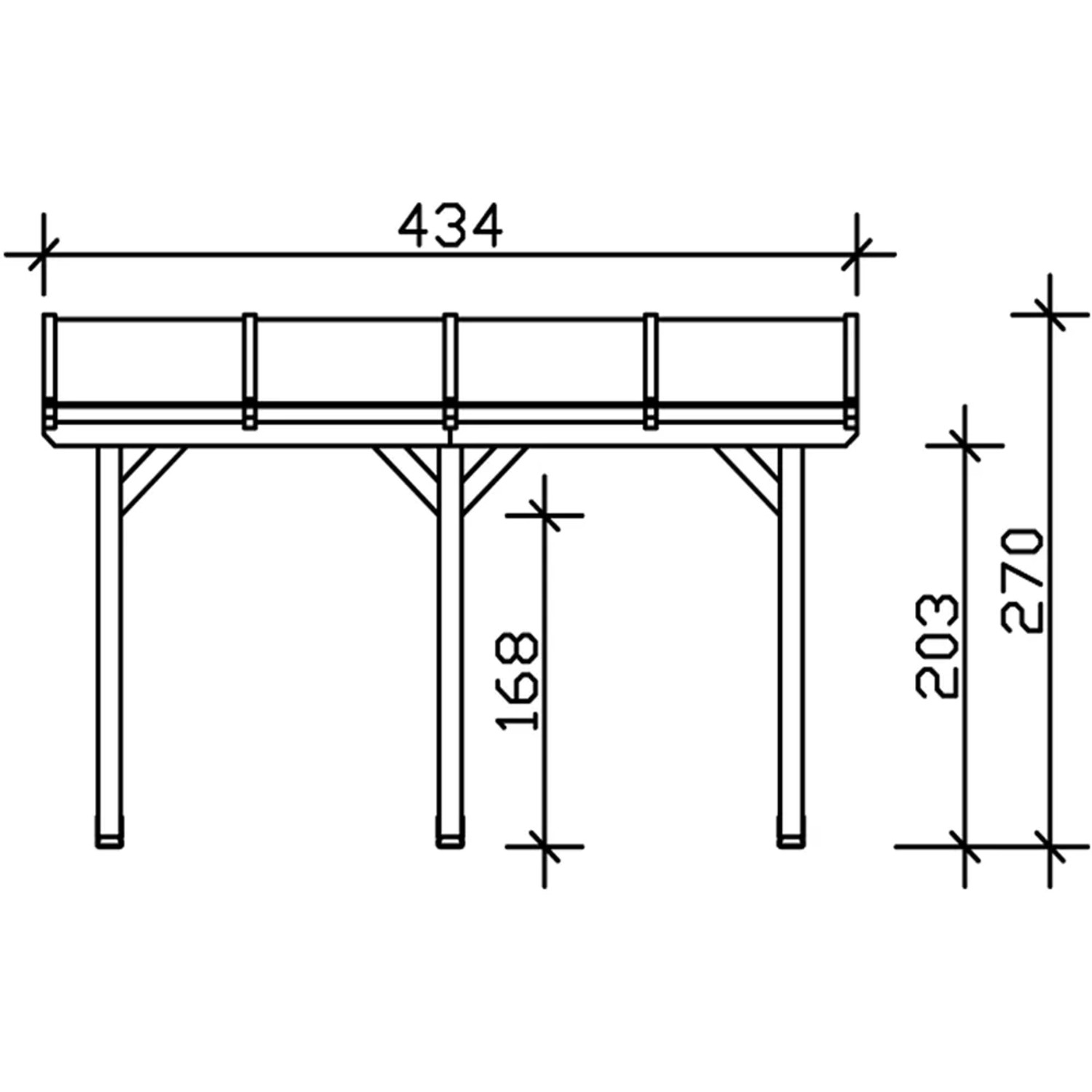Technische Zeichnung der weißen Skan Holz Terrassenüberdachung Andria mit Maßangaben.