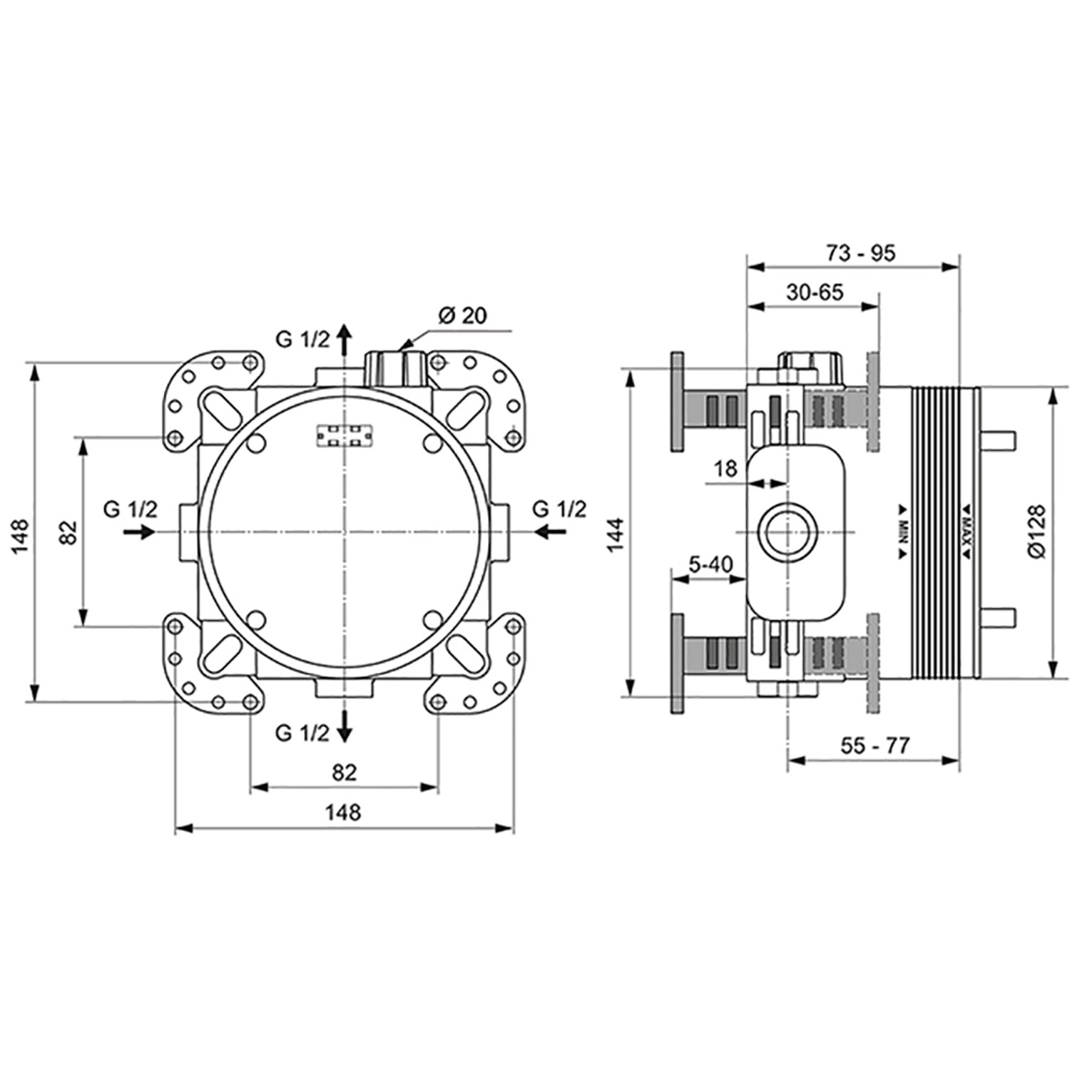 Technische Zeichnung: Ideal Standard Easy-Box Unterputz-Bausatz mit Maßen und Anschlüssen.