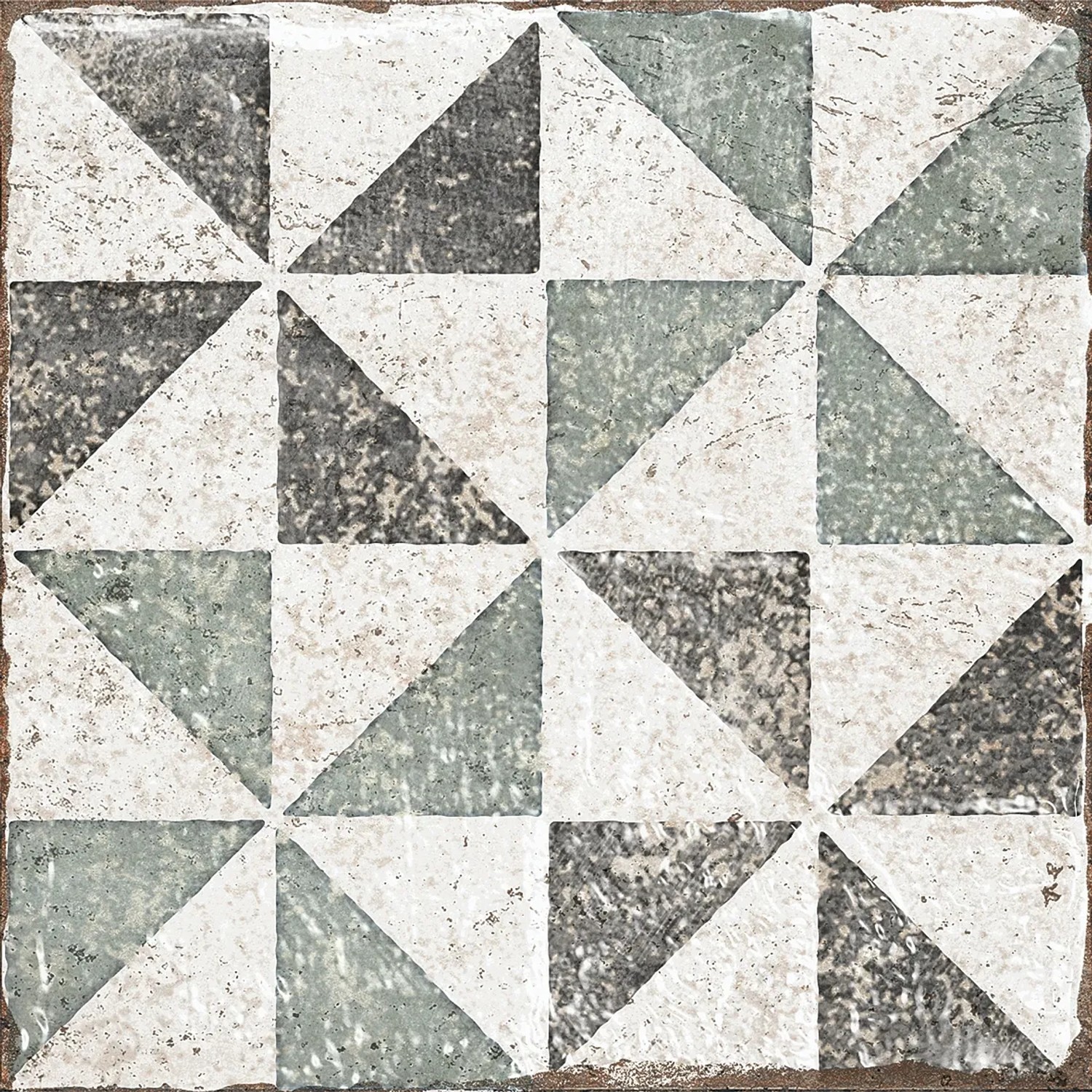 Quadratische, matte Bodenfliese aus Feinsteinzeug, 20x20 cm, mit geometrischem Muster in Grau- und Grüntönen.