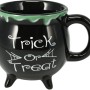 Schwarze Halloween Tasse aus Dolomit mit "Trick or Treat" Schriftzug und grünem Rand.