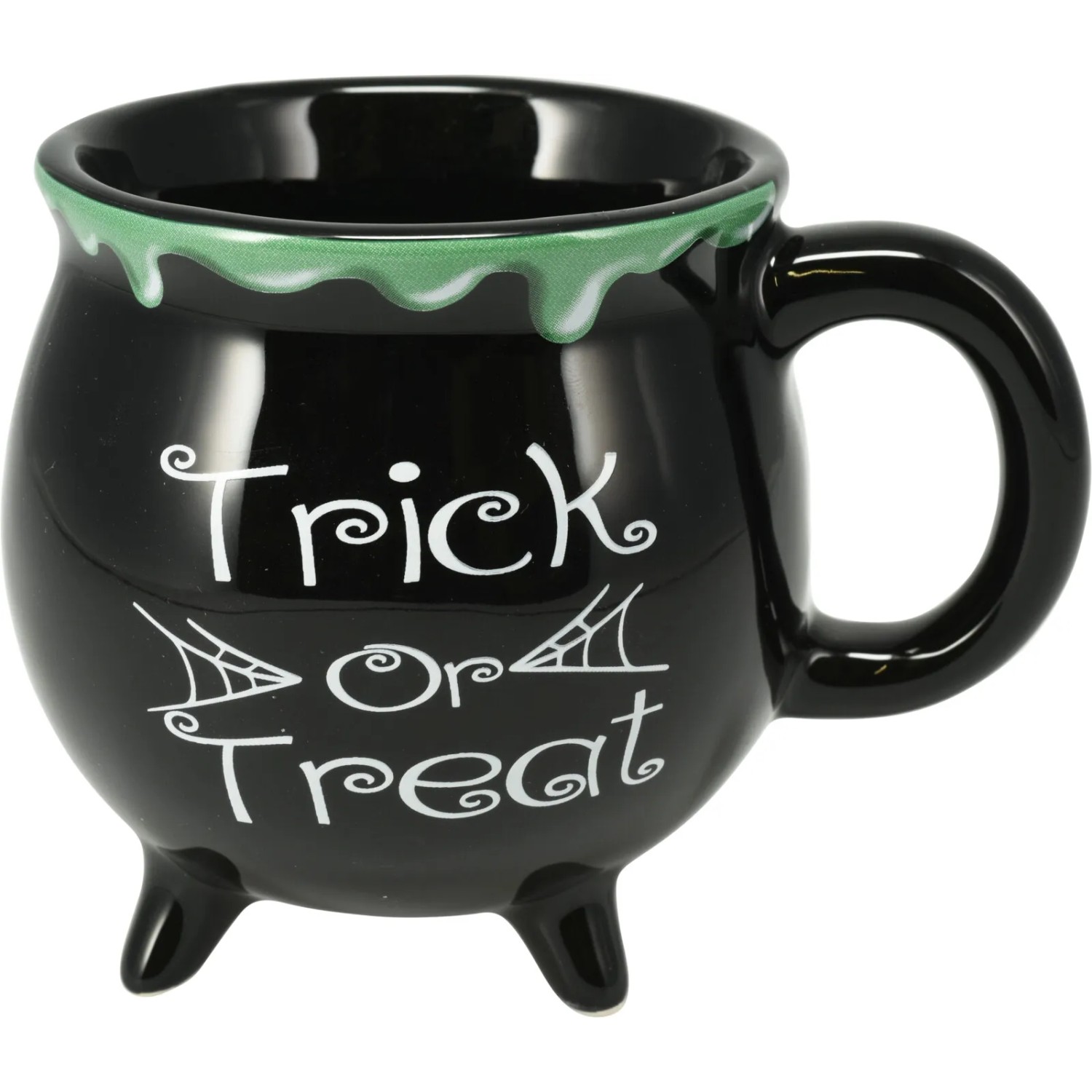 Schwarze Halloween Tasse aus Dolomit mit "Trick or Treat" Schriftzug und grünem Rand.