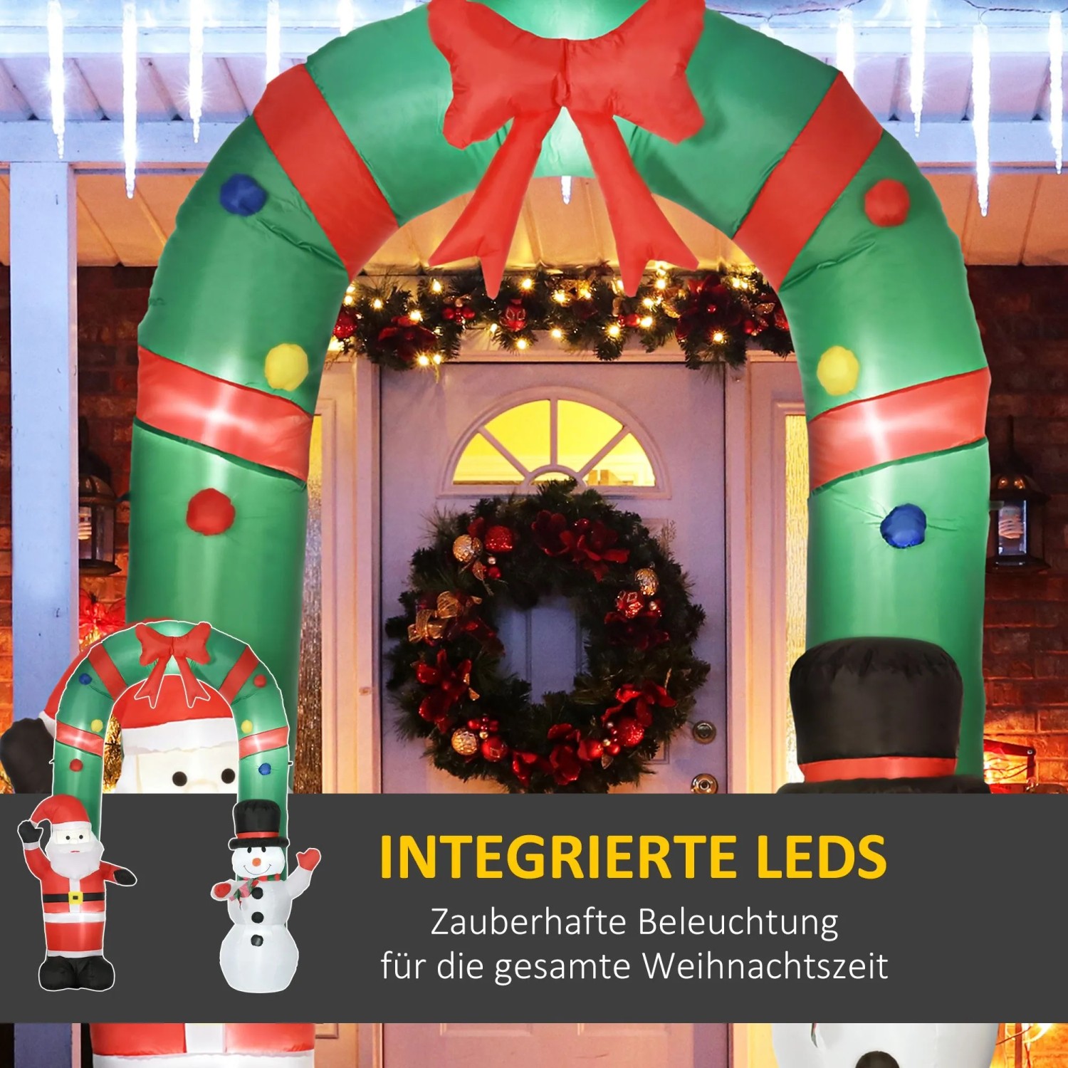 Großer aufblasbarer Weihnachtsdeko-Torbogen 2,45m mit Weihnachtsmann, Schneemann und integrierten LEDs.