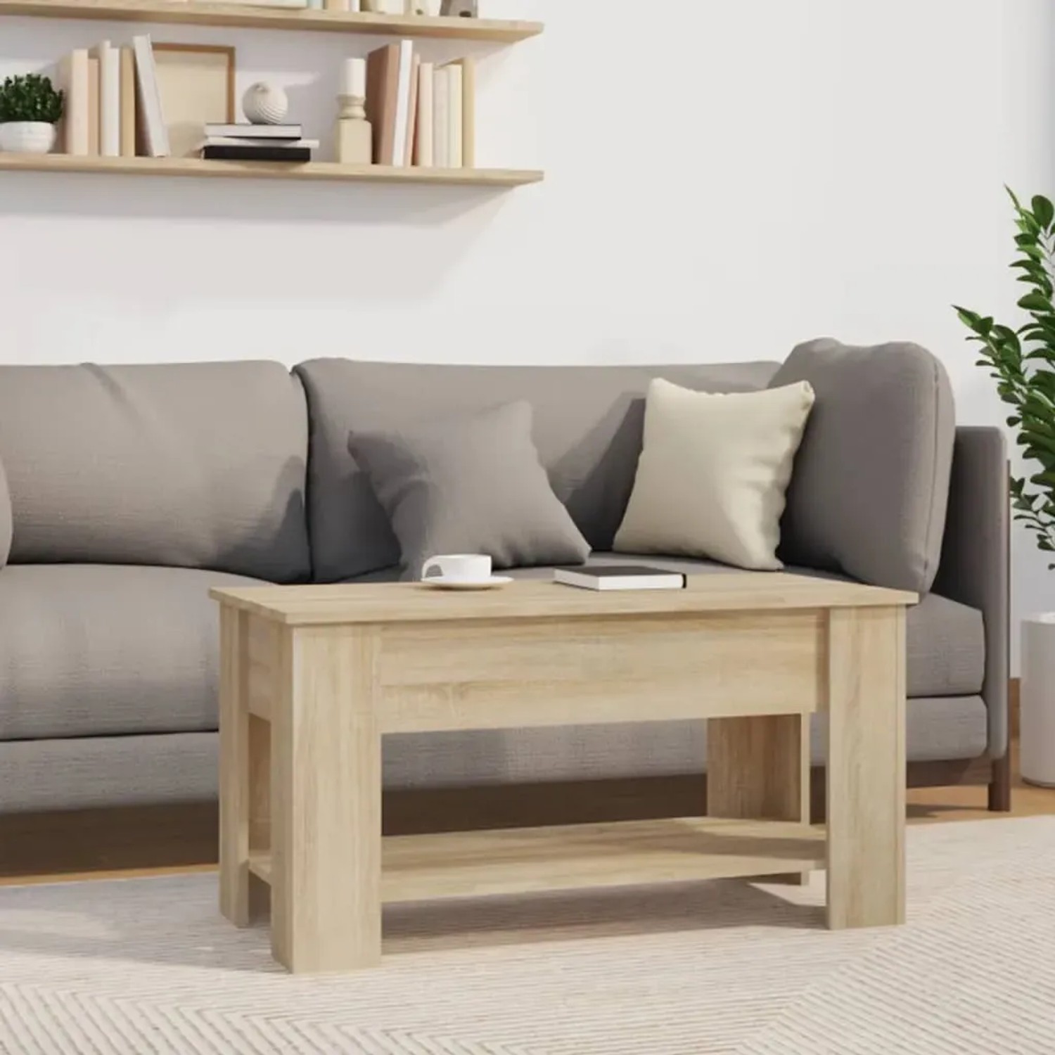 vidaXL Couchtisch Sonoma-Eiche, höhenverstellbar, mit Stauraum, aus Holzwerkstoff.