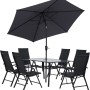 8-teilige Sitzgruppe Townsville in Anthrazit mit Tisch, Stühlen und Sonnenschirm.