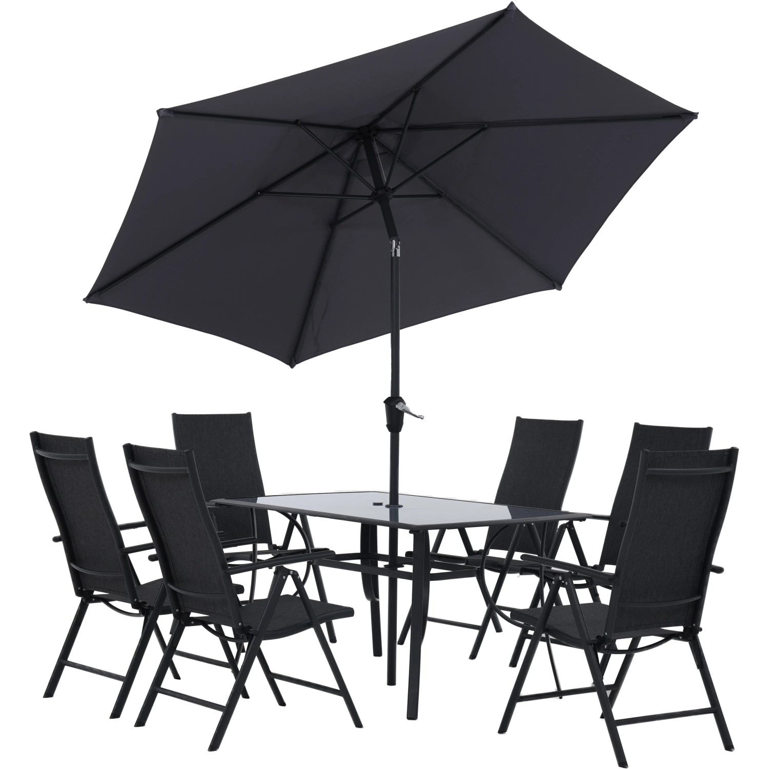 8-teilige Sitzgruppe Townsville in Anthrazit mit Tisch, Stühlen und Sonnenschirm.
