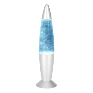 Eglo LED-Wolkentischleuchte Silber. Blauer Zylinder mit schwebenden Wolken und Glitzerpartikeln. Dekorative LED-Tischleuchte.