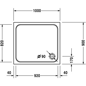 Technische Zeichnung Duravit D-Code Duschwanne, 100x90x8,5 cm, Maße und Ablaufposition.