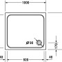 Technische Zeichnung Duravit D-Code Duschwanne, 100x90x8,5 cm, Maße und Ablaufposition.
