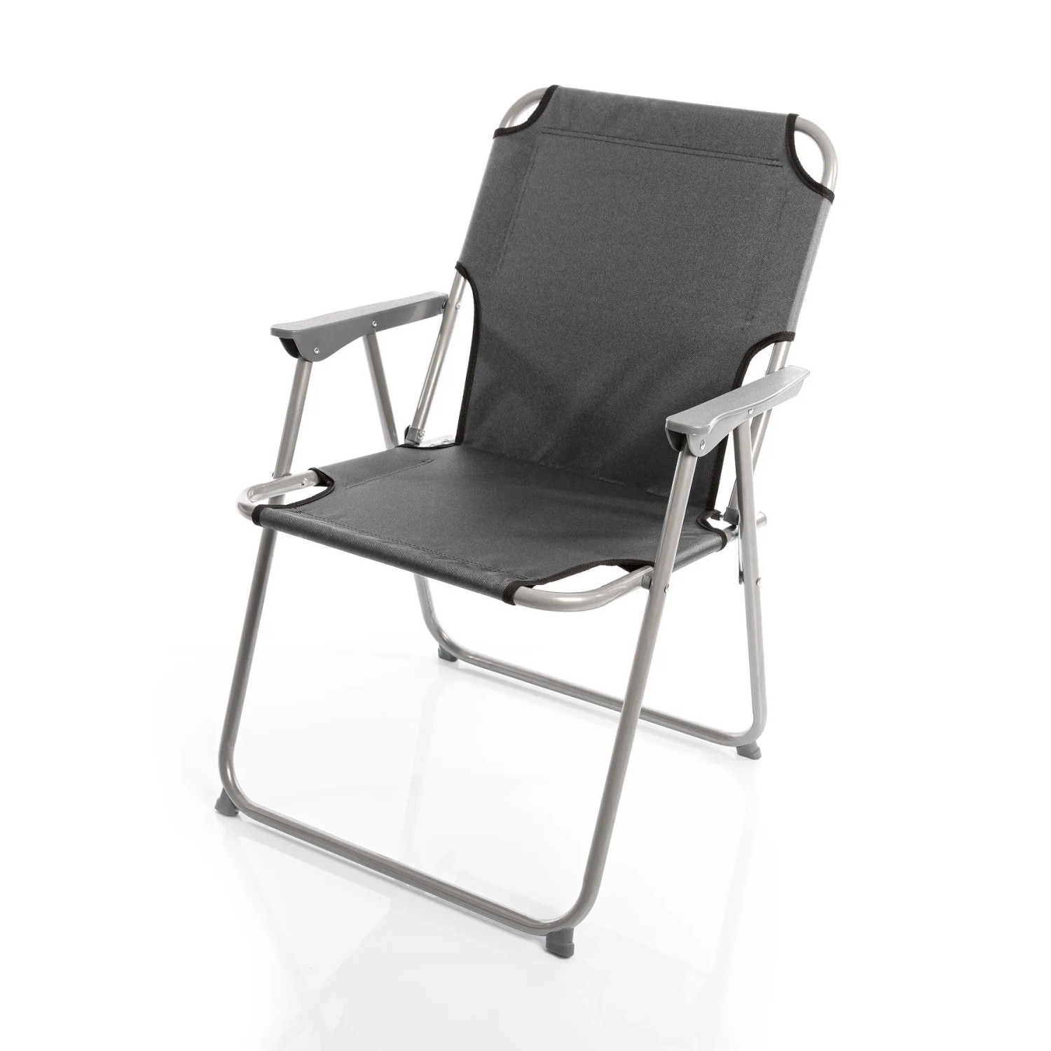 Anthrazit-grauer Klappstuhl mit hellem Metallgestell und Armlehnen, offen. Ideal als Camping- oder Gartenstuhl, robust & faltbar.
