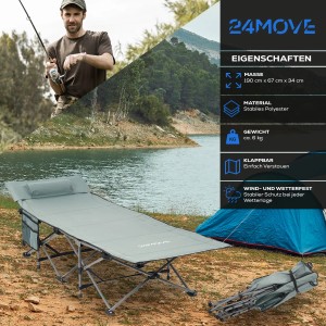 Graues 24MOVE Feldbett Campingbett mit Kissen und Seitentasche, zusammengeklappt und aufgebaut.