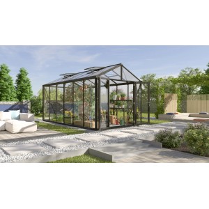 Vitavia Gewächshaus Zeus Comfort 11900, schwarzer Rahmen, 11,9 m², mit Pflanzen im Garten.