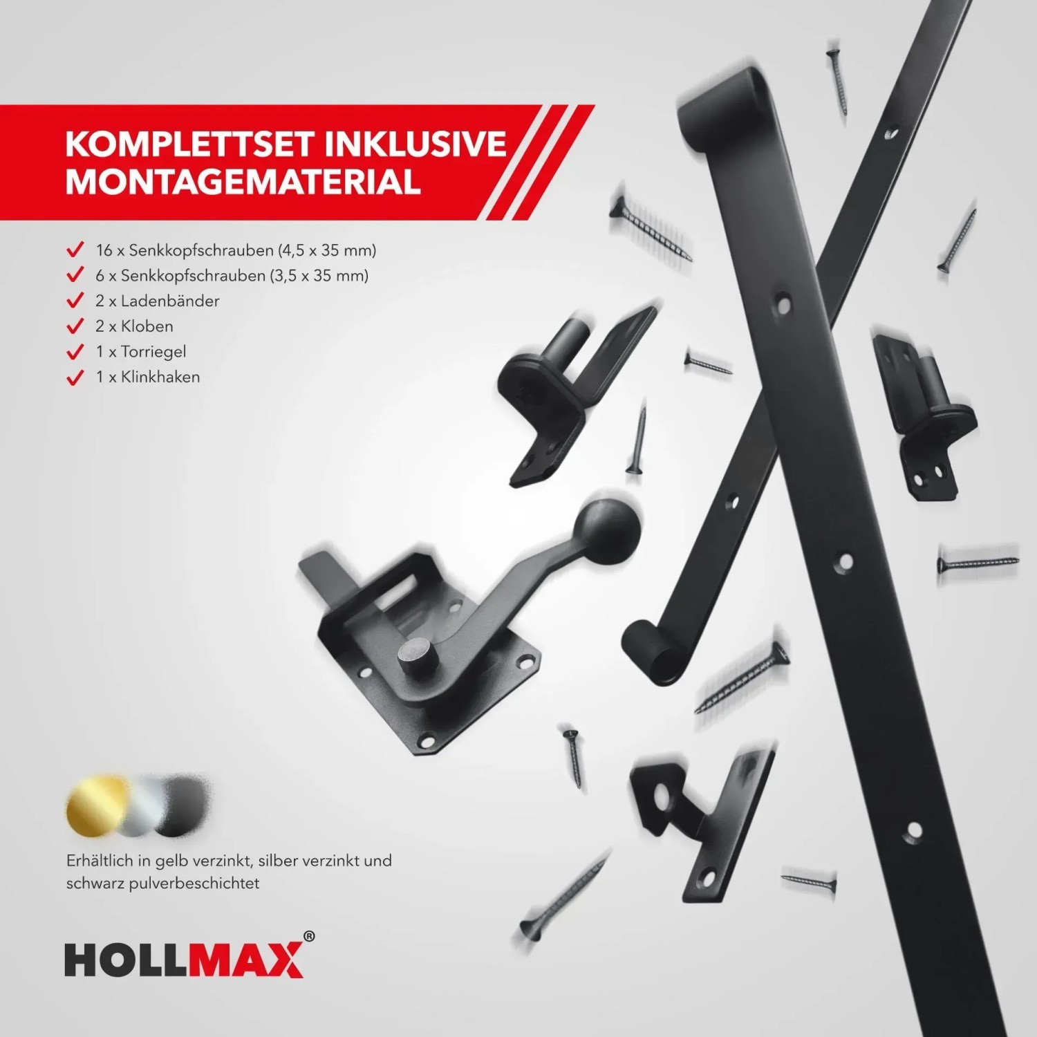 Hollmax Beschlagset, pulverbeschichtet, schwarz, für Gartentore, inkl. Ladenbänder, Kloben, Torfalle und Schrauben.