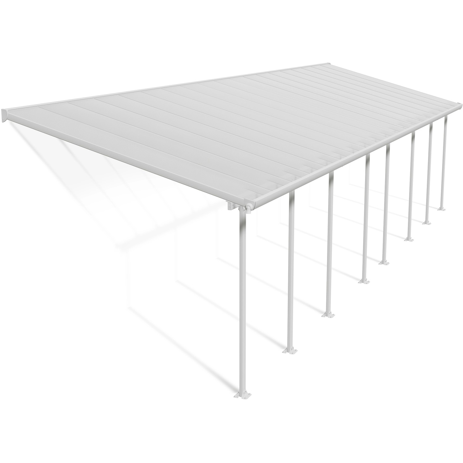Weiße Palram Canopia Terrassenüberdachung Feria 3x10.35 mit Polycarbonat-Dachplatten und Aluminiumrahmen.