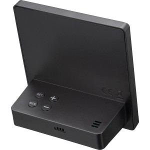 Rückansicht der schwarzen Bresser Funkwetterstation Slim mit Bedienelementen.