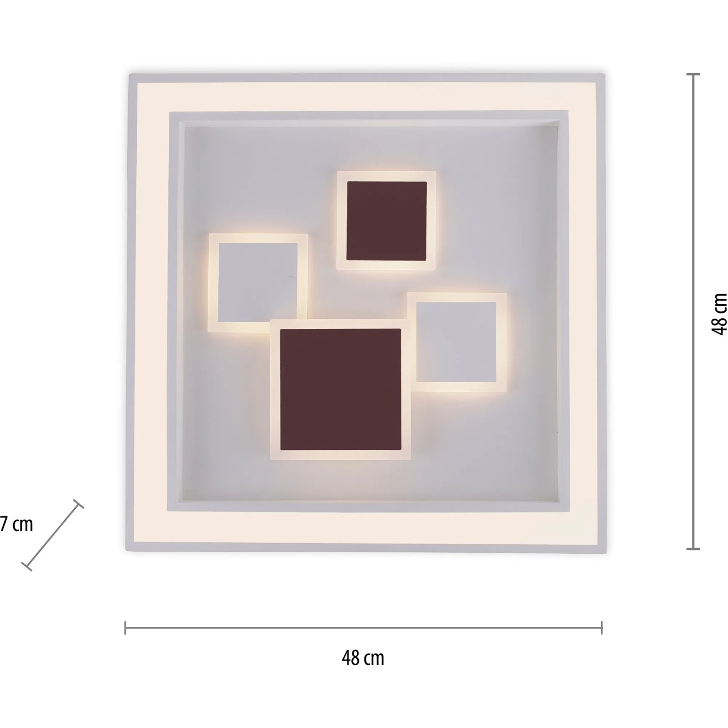Moderne, weiße LED-Deckenleuchte Eliza, 48x48 cm, mit quadratischen Elementen. Ideal als Wohnraumleuchte.