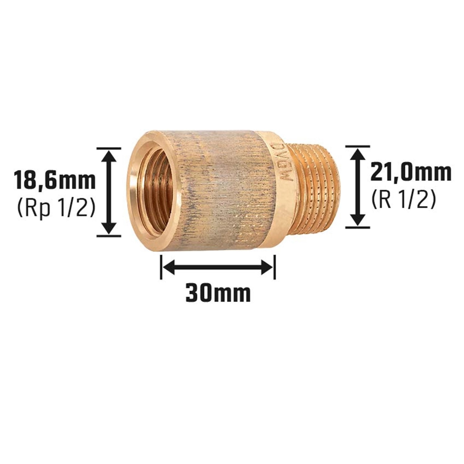 Hahnverlängerung aus Rotguss, 18,6 mm x 21 mm, 30 mm lang, für Gewindefittings.