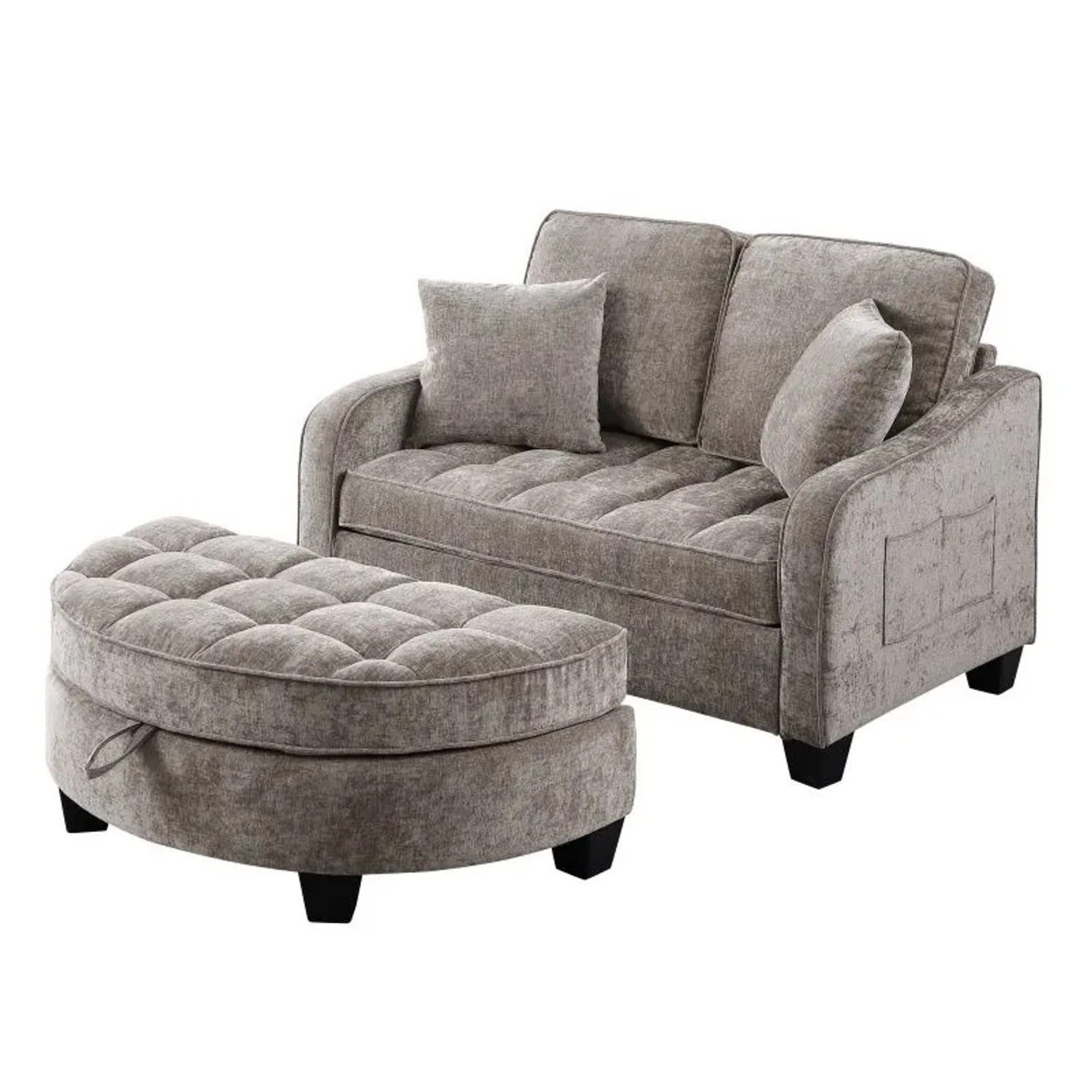 PXloue Schlafsofa Braun 2 in 1 Sofa Bett mit Hocker Stauraum Eukalyptusholz Rahmen Stoffbezug