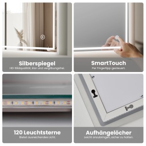 Emke Badspiegel mit LED-Beleuchtung, Touchschalter, 100x60 cm, verschiedene Lichtfarben.