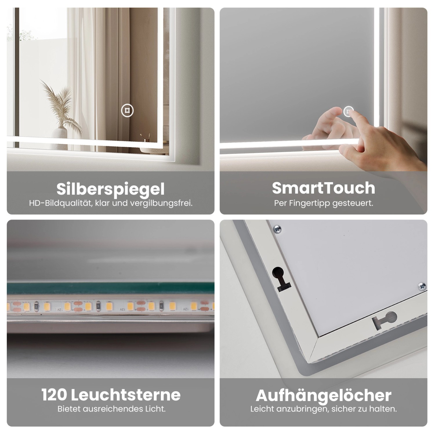 Emke Badspiegel mit LED-Beleuchtung, Touchschalter, 100x60 cm, verschiedene Lichtfarben.